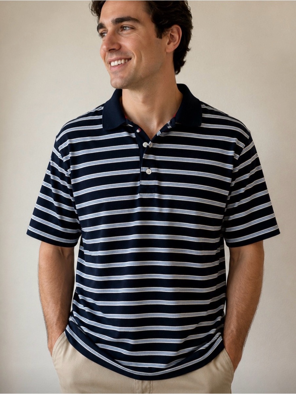 Tommy Hilfiger Golf Navy Blue Stripe Short Sleeve Cotton Polo Shirt Size Large